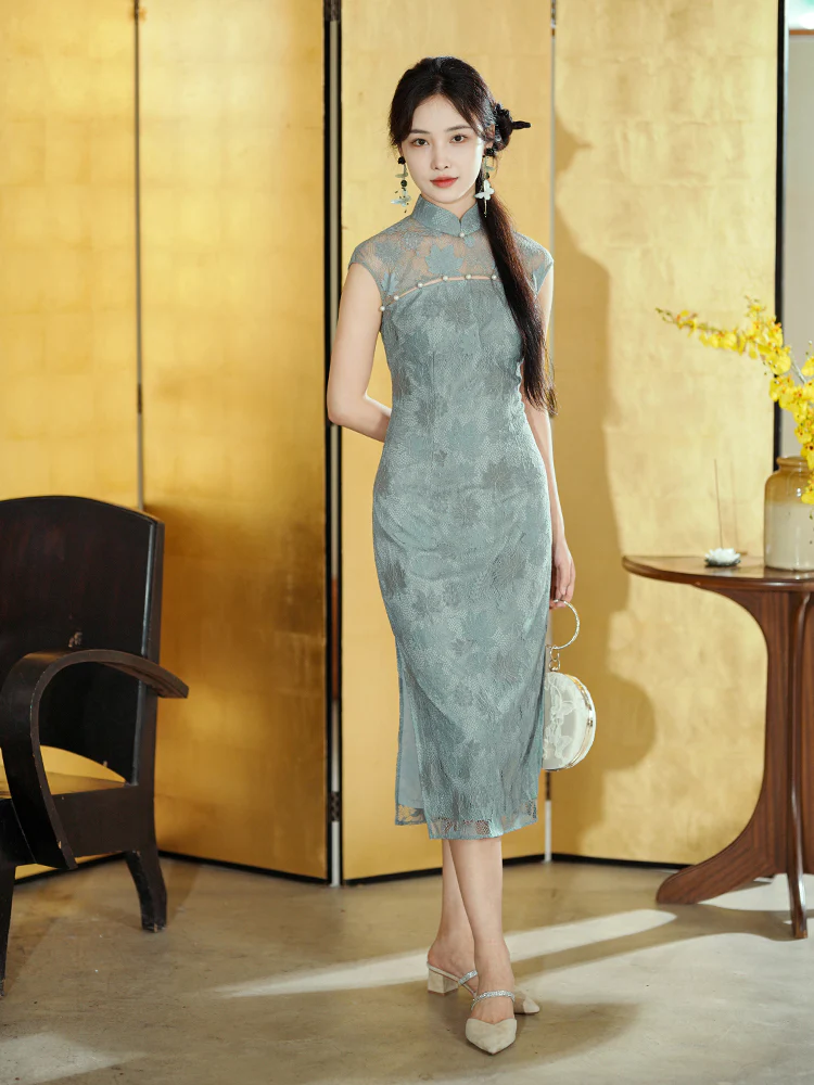 Celestial Aurora Blue Premium Lace | Modern one-Pieces Qipao Dress (雅瓷) - Image 8