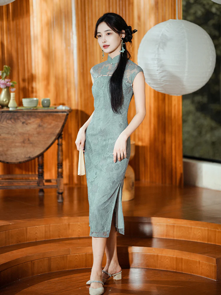 Celestial Aurora Blue Premium Lace | Modern one-Pieces Qipao Dress (雅瓷) - Image 6