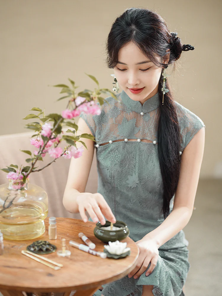 Celestial Aurora Blue Premium Lace | Modern one-Pieces Qipao Dress (雅瓷) - Image 5