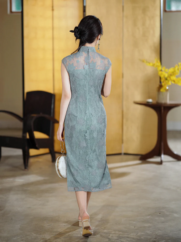 Celestial Aurora Blue Premium Lace | Modern one-Pieces Qipao Dress (雅瓷) - Image 4