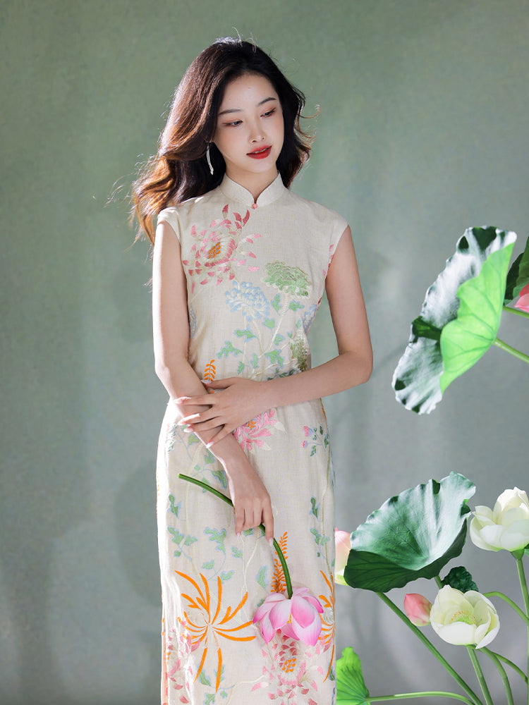 Colorful Lotus Flower Cotton and Linen Embroidery|Modern one-Pieces Qipao Dress(菡裳) - Image 11