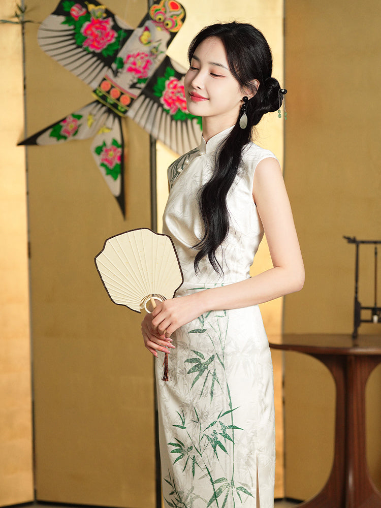 Botanical-Dyed Ivory Silk Satin | Modern one-Pieces Qipao Dress (青韵) - Image 10