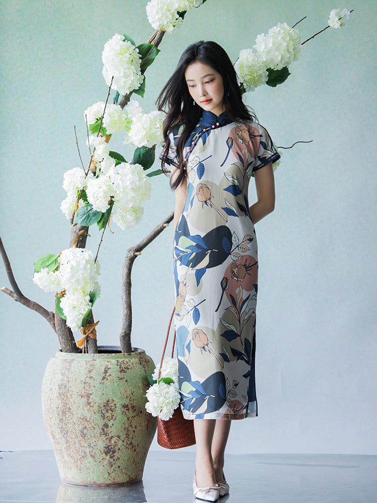 Floral Linen-Textured Chiffon | Modern one-Pieces Qipao Dress (梦虞) - Image 2