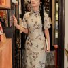 Milky white Butterfly Print | Modern one-Pieces Qipao Dress (蝶涯) - Thumbnail Image 2