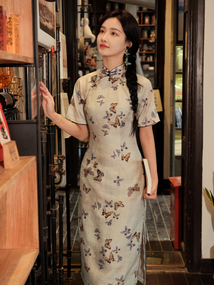 Milky white Butterfly Print | Modern one-Pieces Qipao Dress (蝶涯) - Image 2