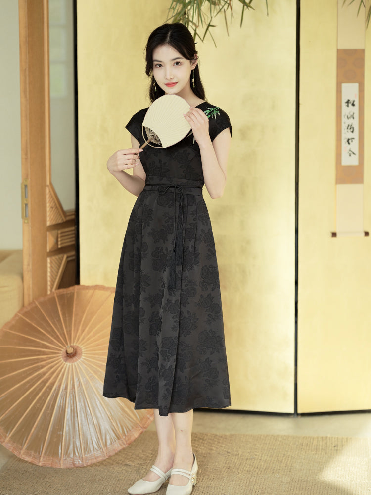Ink and Black Embroidered Jacquard | Waist-Cinched Neo-Chinese Dresses (竹灵) - Image 2