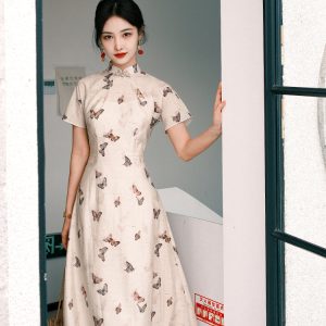 Warm Apricot Round-Collar A-Line | Qipao Dress(蝶戏)