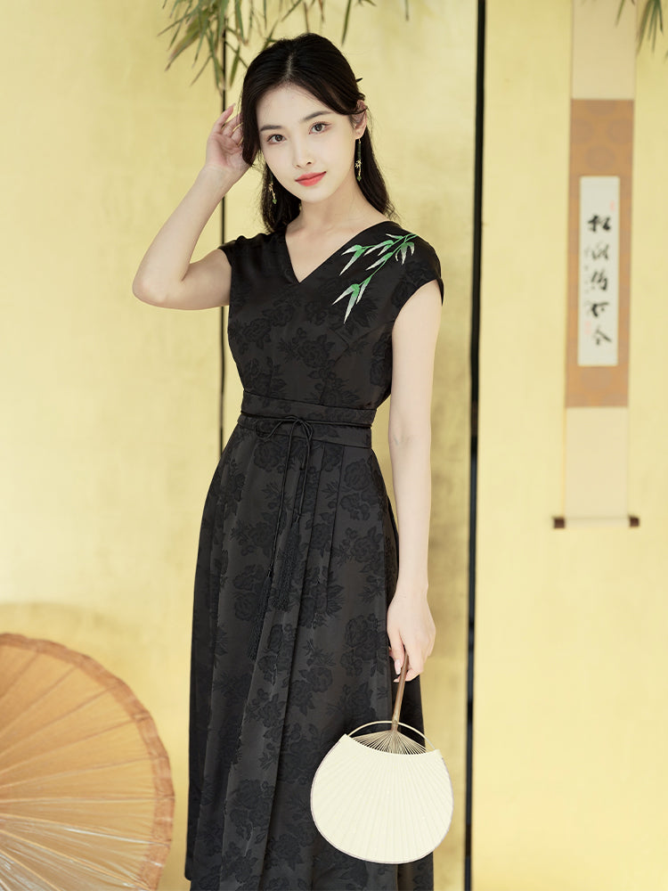 Ink and Black Embroidered Jacquard | Waist-Cinched Neo-Chinese Dresses (竹灵) - Image 3