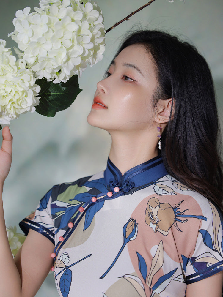 Floral Linen-Textured Chiffon | Modern one-Pieces Qipao Dress (梦虞) - Image 5