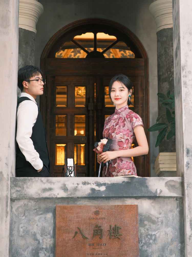 Rose Pink Chiffon Print | Modern one-Pieces Qipao Dress (花间游) - Image 4