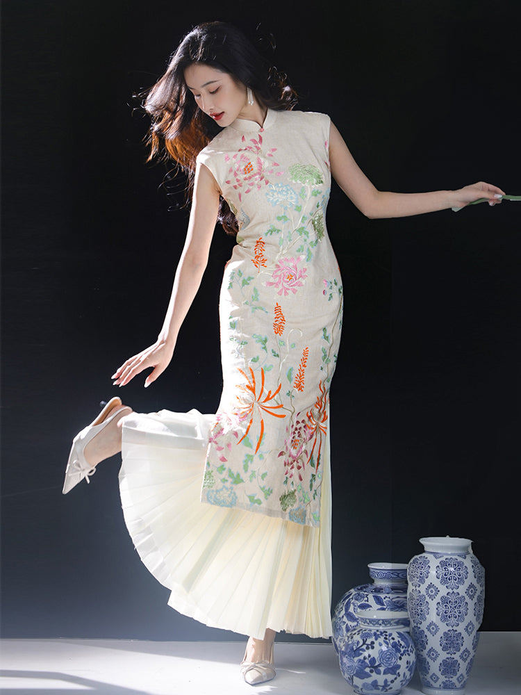 Colorful Lotus Flower Cotton and Linen Embroidery|Modern one-Pieces Qipao Dress(菡裳) - Image 1