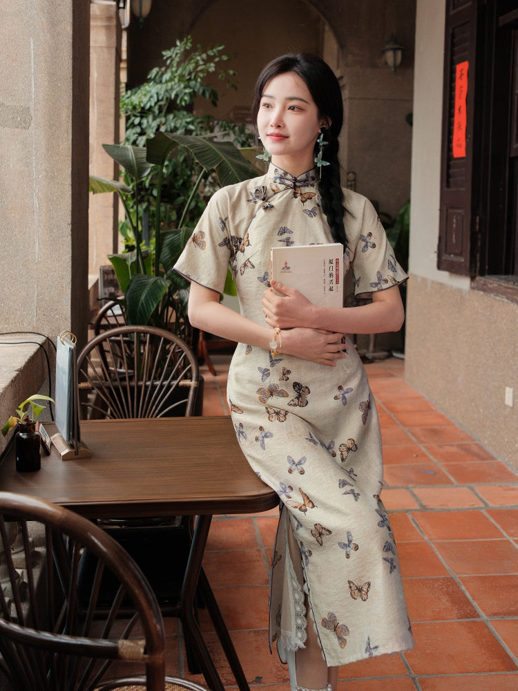 Milky white Butterfly Print | Modern one-Pieces Qipao Dress (蝶涯) - Image 5