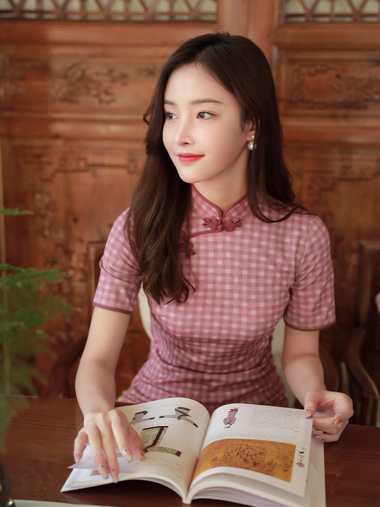 Pink and White Plaid Print|Modern one-Pieces Qipao Dress(容音) - Image 1