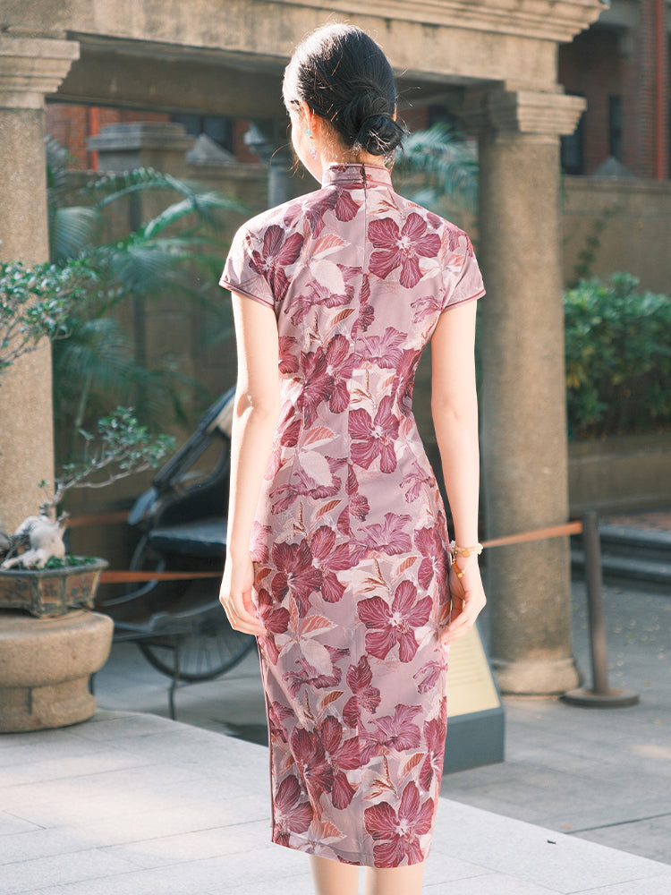 Rose Pink Chiffon Print | Modern one-Pieces Qipao Dress (花间游) - Image 5