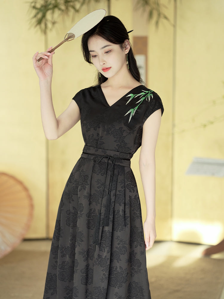 Ink and Black Embroidered Jacquard | Waist-Cinched Neo-Chinese Dresses (竹灵) - Image 6