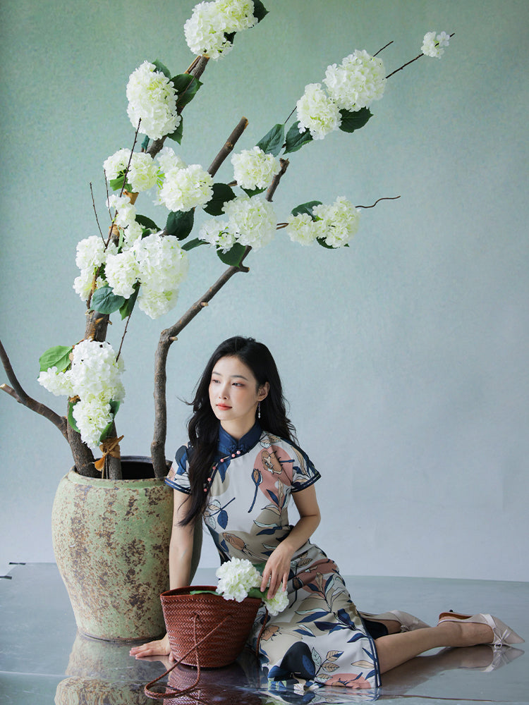 Floral Linen-Textured Chiffon | Modern one-Pieces Qipao Dress (梦虞) - Image 7