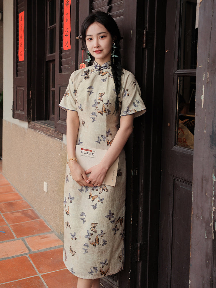 Milky white Butterfly Print | Modern one-Pieces Qipao Dress (蝶涯) - Image 7
