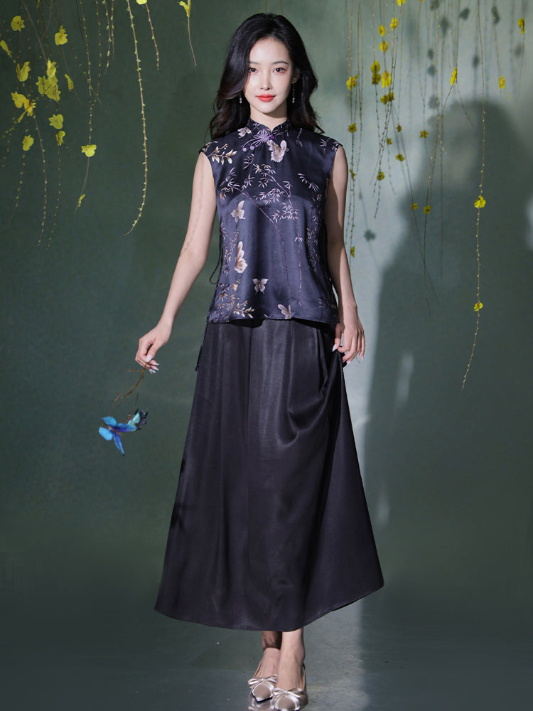 Ink Wash Black Cool-to-Touch Drape | Layered Pleats Xiangyunsha Skirt (夜阑) - Image 8