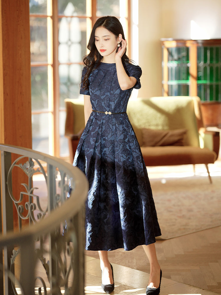 Navy Blue Intricate Jacquard | Effortless Flared Skirt (赫本) - Image 8