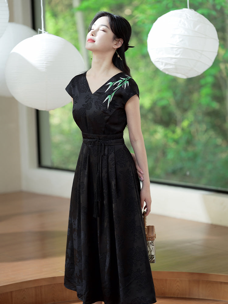 Ink and Black Embroidered Jacquard | Waist-Cinched Neo-Chinese Dresses (竹灵) - Image 8