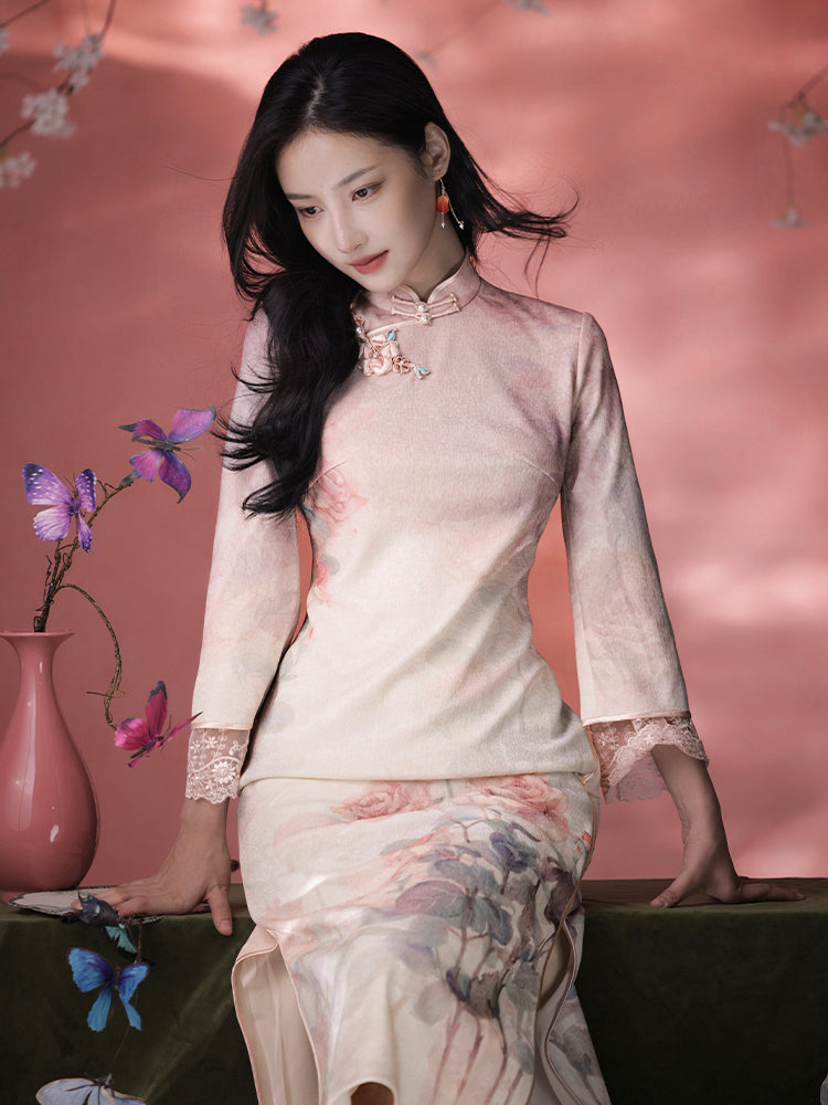 Rose Placement Print | Modern one-Pieces Qipao Dress(瑰颜) - Image 1
