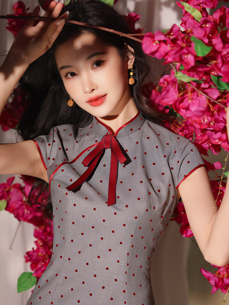 Dusk Grey with Red Polka Dots | Modern one-Pieces Qipao Dress(佳音) - Image 1