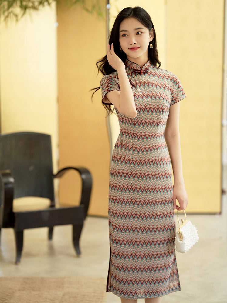 A beige base color with zigzag stripes in red. blue and brown|Modern one-Pieces Qipao Dress(倾黛) - Image 1