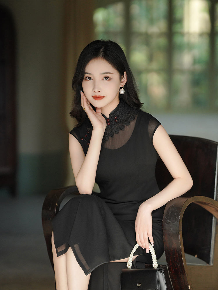 Refined Ink Black Sophistication | Modern one-Pieces Qipao Dress (扶芳) - Image 1