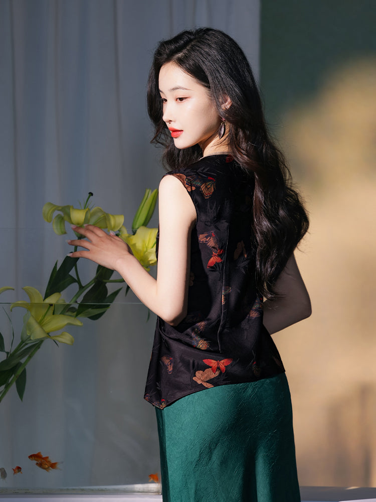 Flower color on black background|pleated Qipao a sleeveless garment(云笺) - Image 11