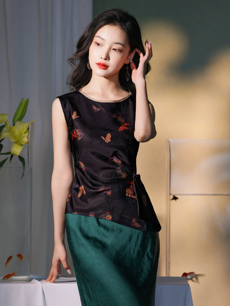 Flower color on black background|pleated Qipao a sleeveless garment(云笺) - Image 1