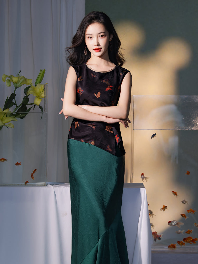 Flower color on black background|pleated Qipao a sleeveless garment(云笺) - Image 3