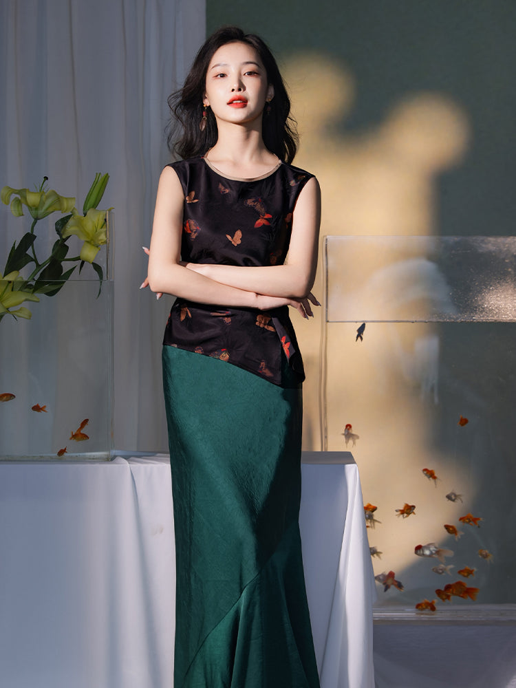 Flower color on black background|pleated Qipao a sleeveless garment(云笺) - Image 4
