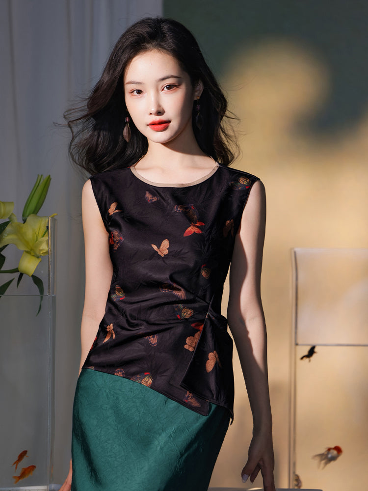 Flower color on black background|pleated Qipao a sleeveless garment(云笺) - Image 5