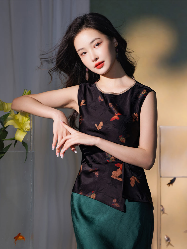 Flower color on black background|pleated Qipao a sleeveless garment(云笺) - Image 6