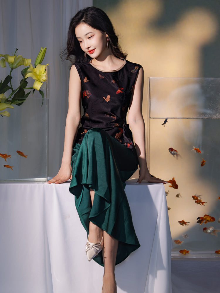Flower color on black background|pleated Qipao a sleeveless garment(云笺) - Image 7