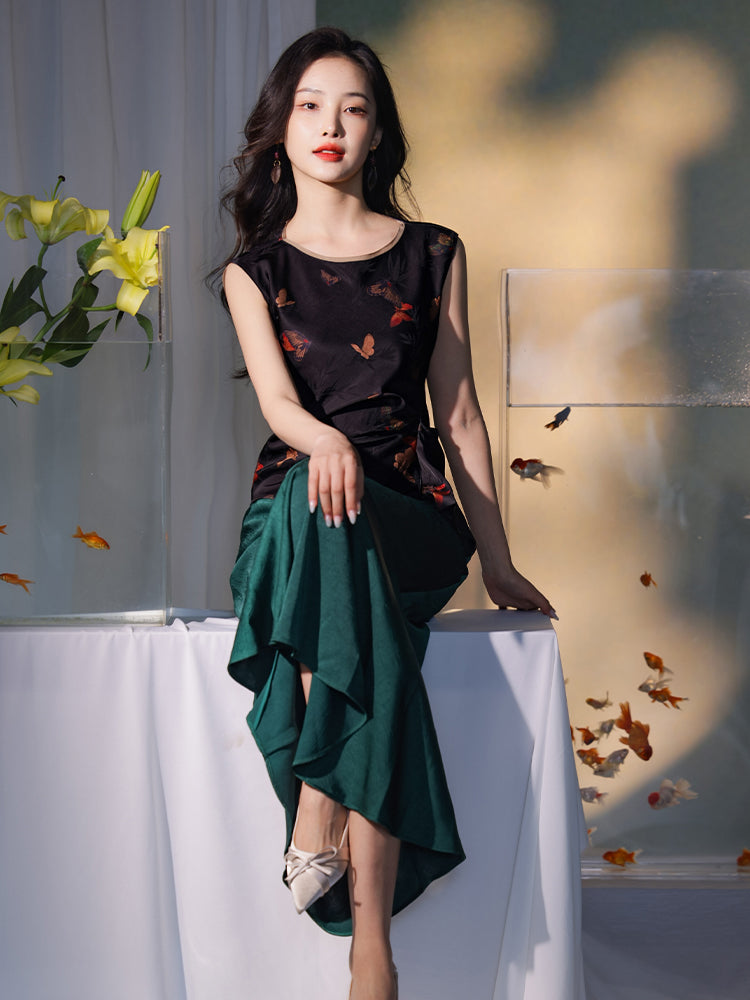 Flower color on black background|pleated Qipao a sleeveless garment(云笺) - Image 8