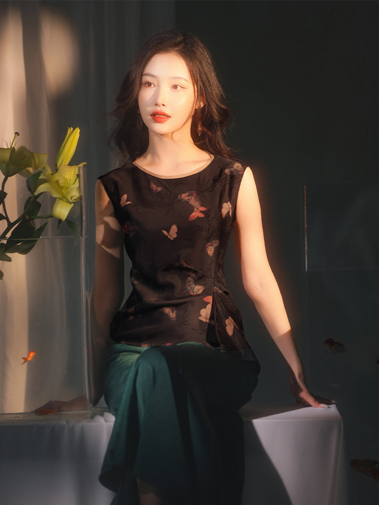 Flower color on black background|pleated Qipao a sleeveless garment(云笺) - Image 9