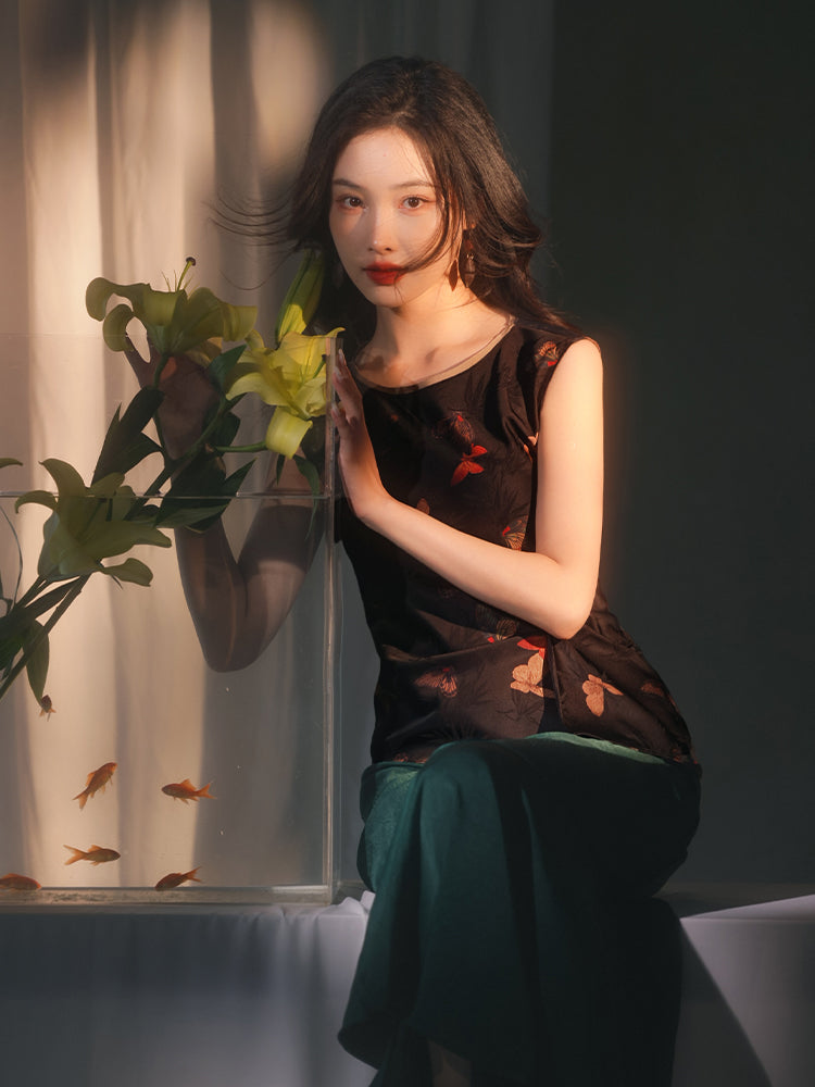 Flower color on black background|pleated Qipao a sleeveless garment(云笺) - Image 10