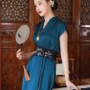 Peacock Blue Silk Satin Artisanal Embroidery | Neo-Chinese Dress (莞莞) - Thumbnail Image 1
