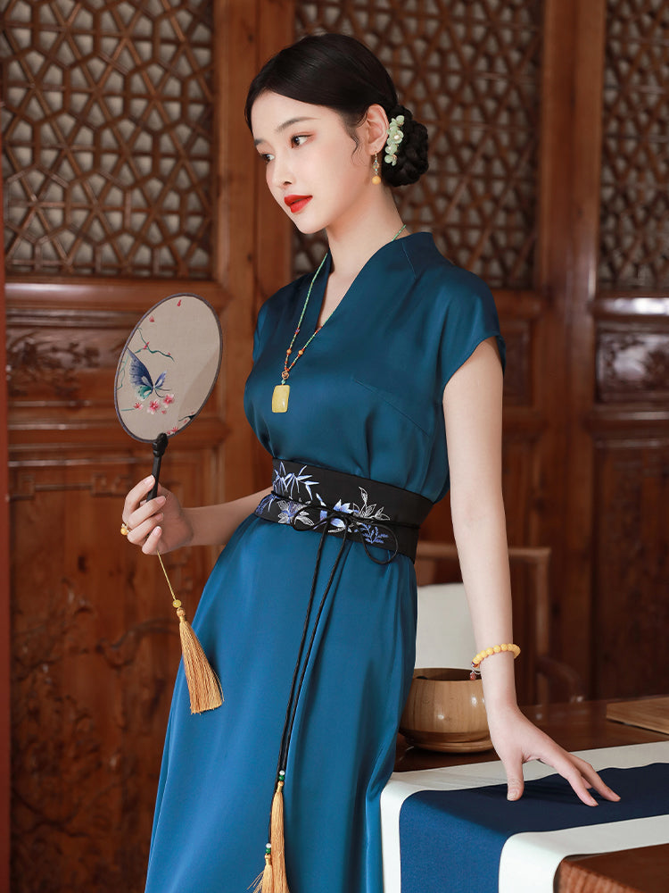 Peacock Blue Silk Satin Artisanal Embroidery | Neo-Chinese Dress (莞莞) - Image 1