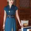 Peacock Blue Silk Satin Artisanal Embroidery | Neo-Chinese Dress (莞莞) - Thumbnail Image 2