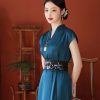 Peacock Blue Silk Satin Artisanal Embroidery | Neo-Chinese Dress (莞莞) - Thumbnail Image 3