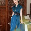 Peacock Blue Silk Satin Artisanal Embroidery | Neo-Chinese Dress (莞莞) - Thumbnail Image 4