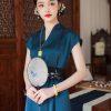 Peacock Blue Silk Satin Artisanal Embroidery | Neo-Chinese Dress (莞莞) - Thumbnail Image 5