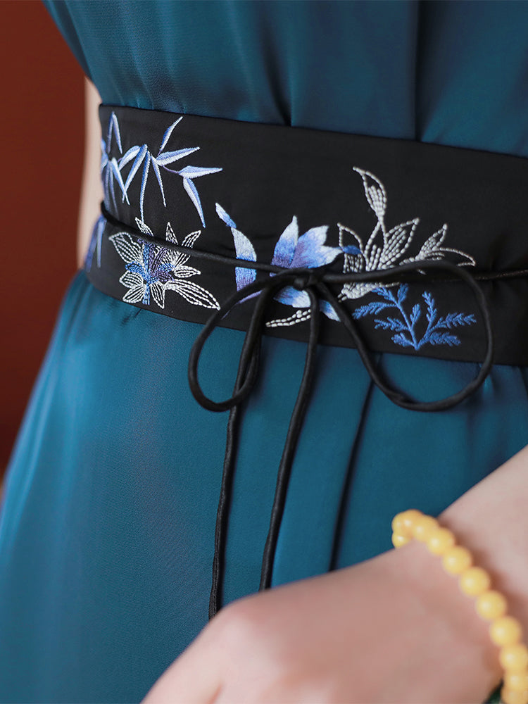 Peacock Blue Silk Satin Artisanal Embroidery | Neo-Chinese Dress (莞莞) - Image 6