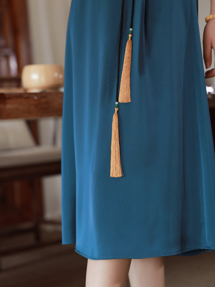 Peacock Blue Silk Satin Artisanal Embroidery | Neo-Chinese Dress (莞莞) - Image 7