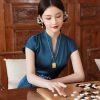 Peacock Blue Silk Satin Artisanal Embroidery | Neo-Chinese Dress (莞莞) - Thumbnail Image 8
