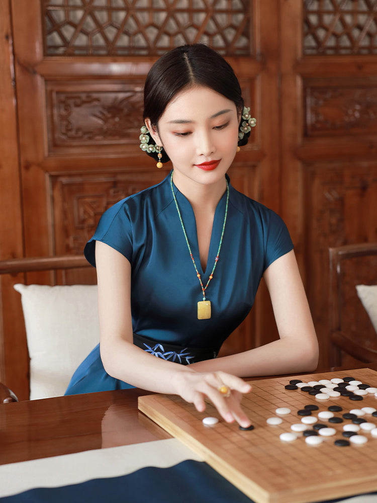Peacock Blue Silk Satin Artisanal Embroidery | Neo-Chinese Dress (莞莞) - Image 8