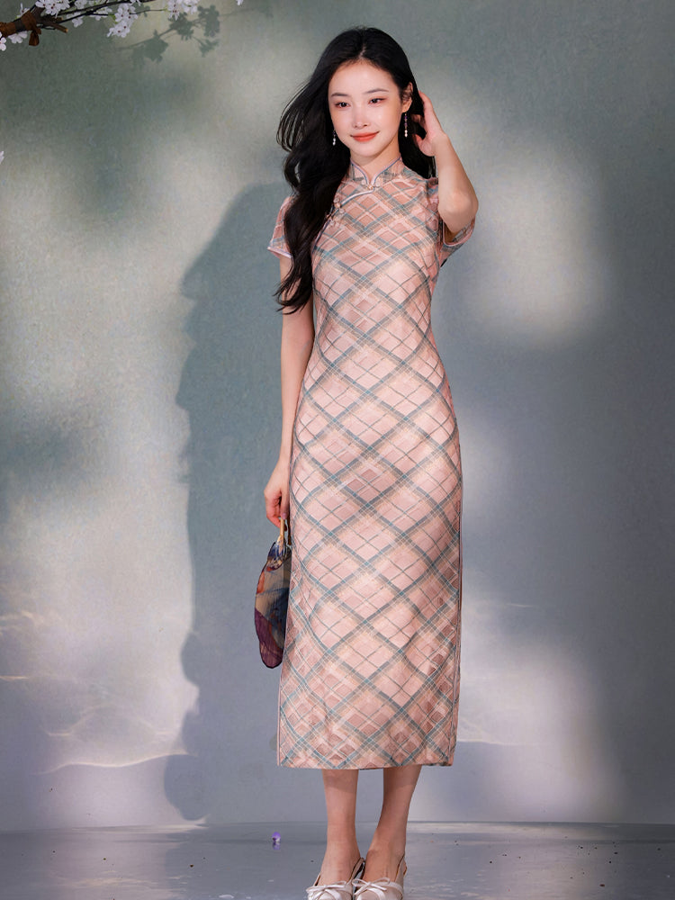 Navy blue Geometric Lattice  | Modern one-Pieces Qipao Dress(若檬) - Image 7