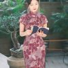Rose Pink Chiffon Print | Modern one-Pieces Qipao Dress (花间游) - Thumbnail Image 6